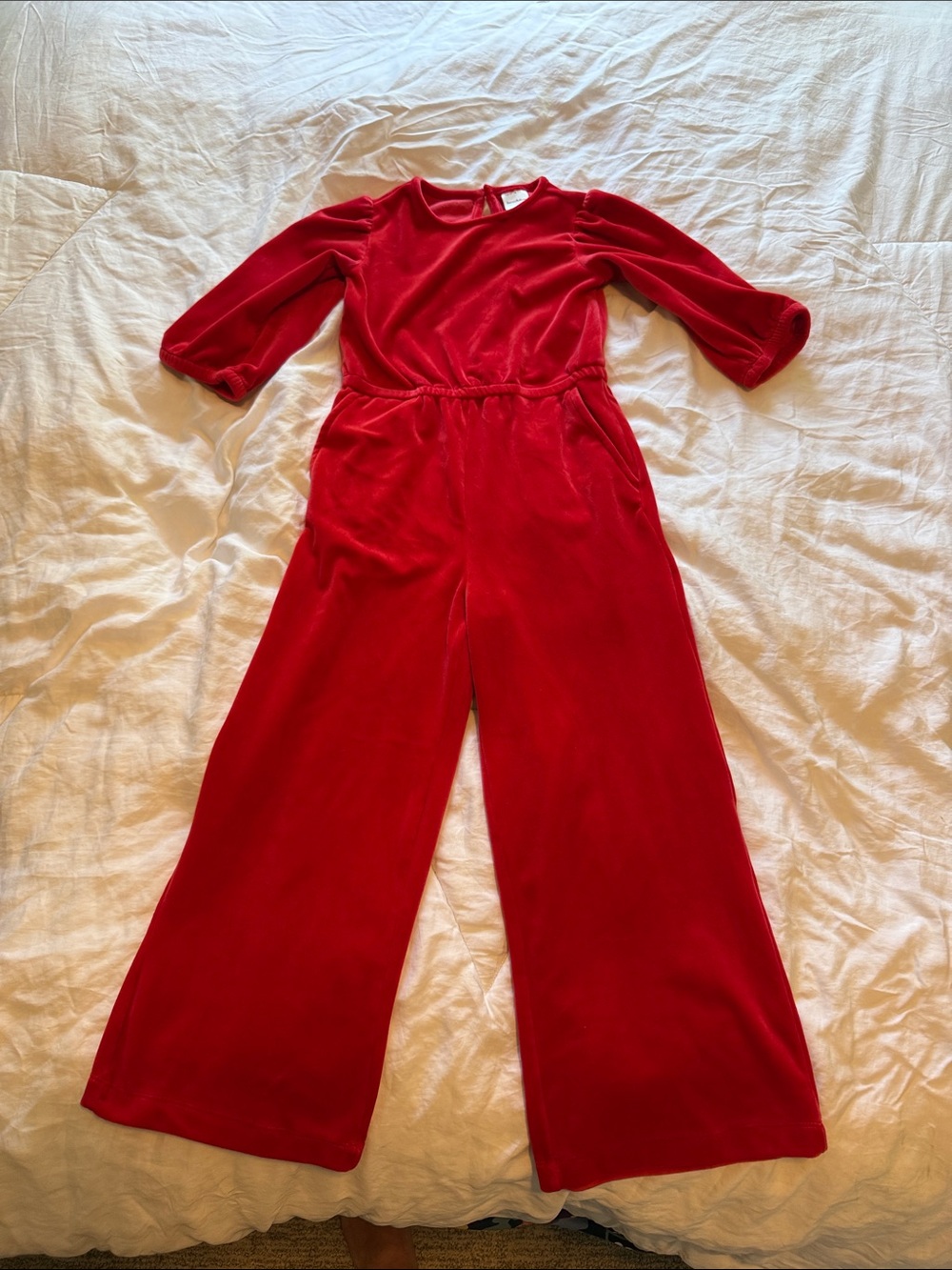 Hanna Andersson Red Velvet Wide-Leg Jumpsuit with 3/4 Sleeves